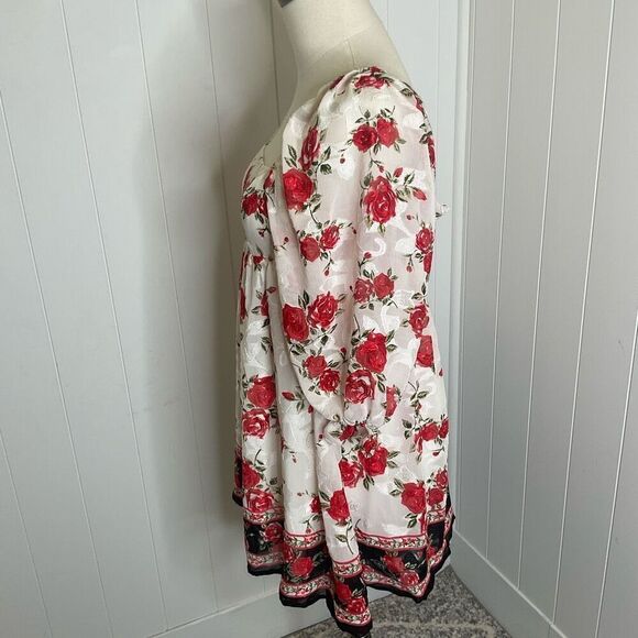 Blue Rain Women XS Square Neck White Red Floral Mini Peasant Dress Balloon Sleev - Picture 8 of 16